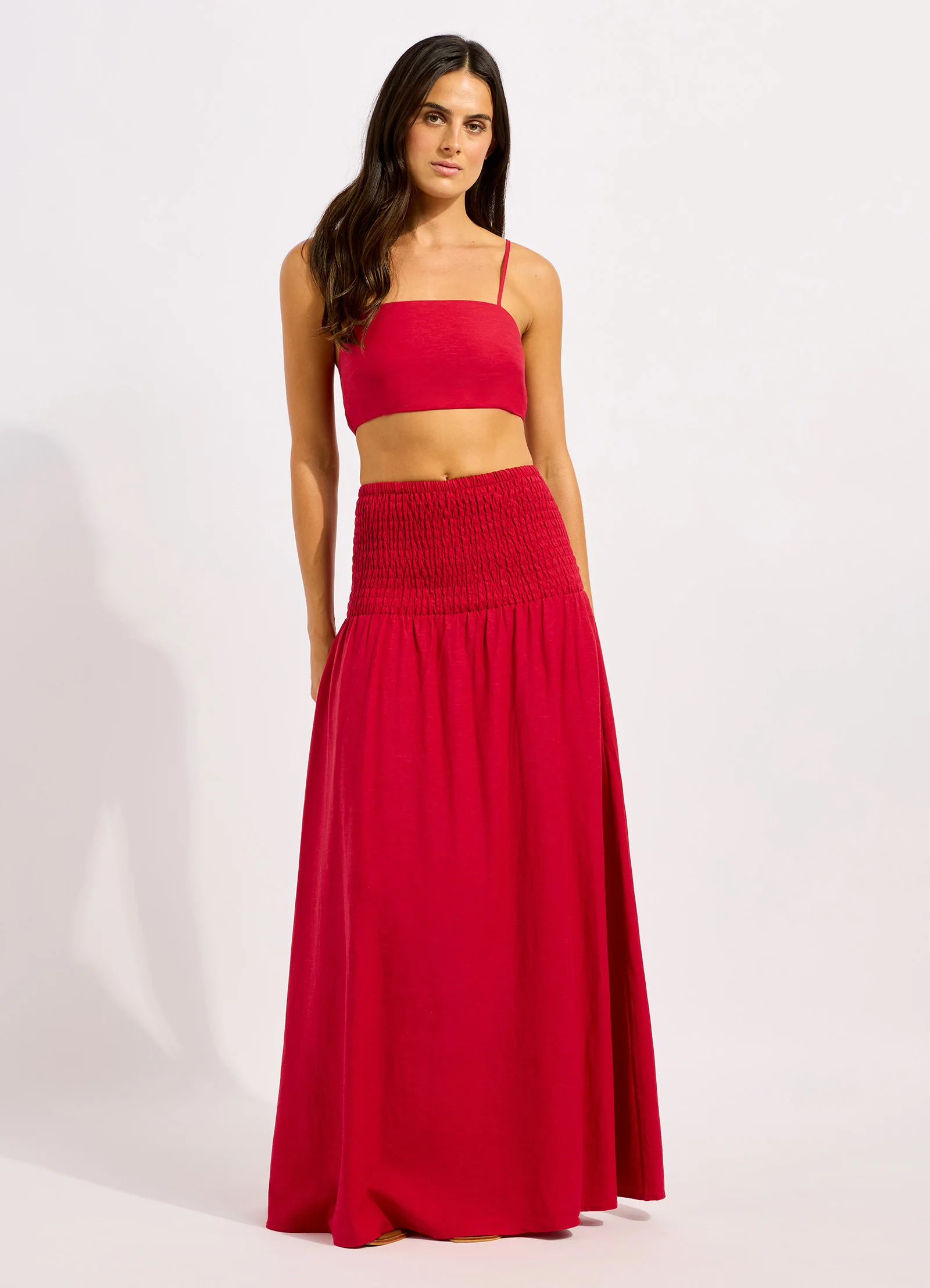 Beachedit Shirred Waist Midi Skirt