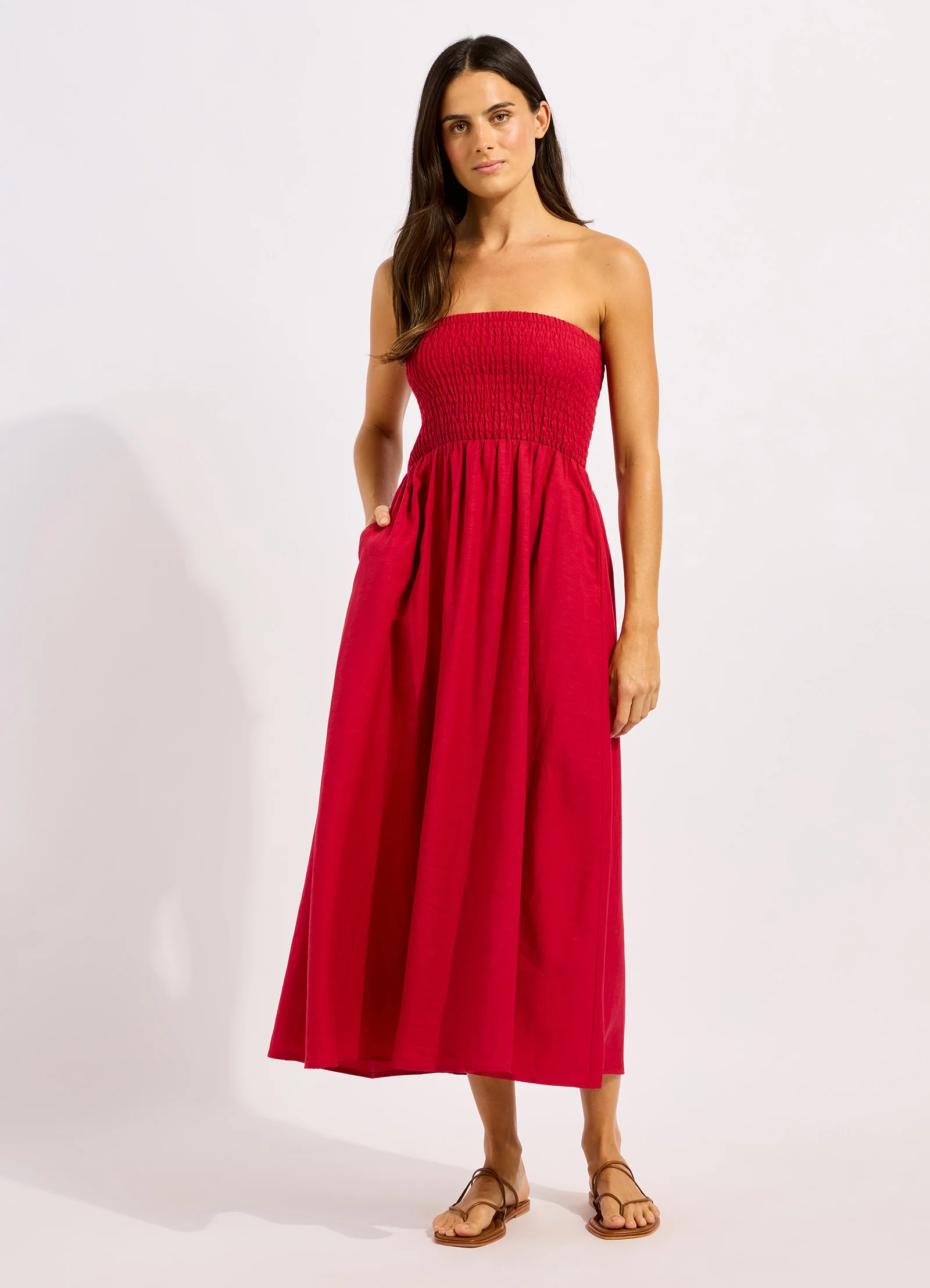 Beachedit Shirred Waist Midi Skirt - Image 5